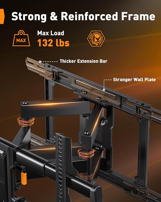 Perlegear Full Motion TV Wall Mount for 42–90 inch TVs up to 132 lbs, Preassembled and Telescopic Design for Easy Setup, Swivel, Tilt and Extension, Fits 16″/18″/24″ Wood Studs, Max VESA 600x400mm
