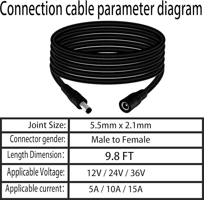 5.5mm x 2.1mm 9.8FT DC Power Extension Cable Male to Female 12V/24V 14AWG DC Connection Cable for CCTV Surveillance Camera Amplifiers LED Strip Lights Solar Panels Energy Storage Power Supply 2 pcs