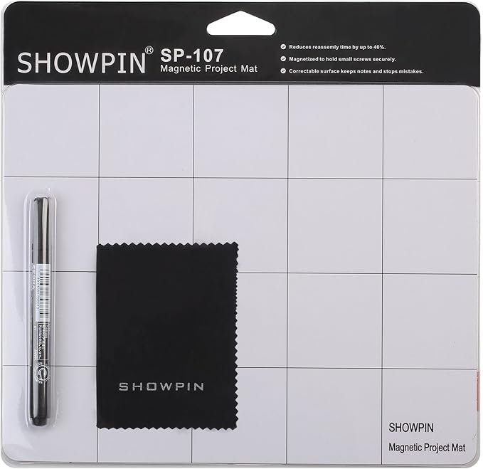 Magnetic Project Mat Showpin Magnetic Mat for Screws with Dry Erase Pen, Cleaning Cloth - Professional Magnetic Pad Preventing Small Screws from Getting Lost and Unorganized - 9.8x7.9 inches