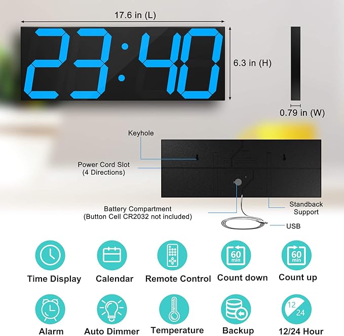 CHKOSDA LED Large Digital Wall Clock, Oversize Wall Clock with 6” Numbers, Remote Control Count up/Countdown Timer Clock, Auto Dimmer, Big Calendar and Thermometer(Ice Blue)