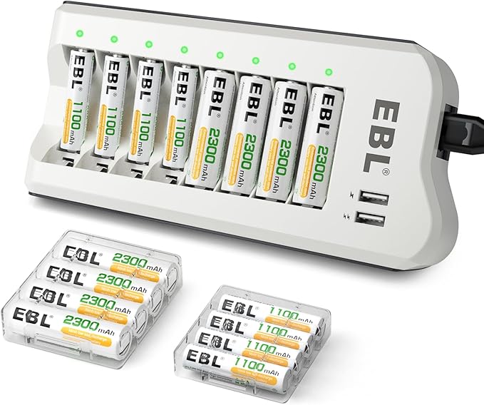 EBL AA 2300mAh (8 Pack) and AAA 1100mAh (8 Pack) Ni-MH Rechargeable Batteries and AA AAA Rechargeable Battery Charger with 2 USB Charging Ports