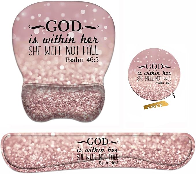Ergonomic Mouse Pad Wrist Support and Keyboard Wrist Rest Set with Coasters, Non-Slip PU Base, Easy Typing & Pain Relief, Perfect for Home Office Working Studying, Bible Verse Psalm 46:5