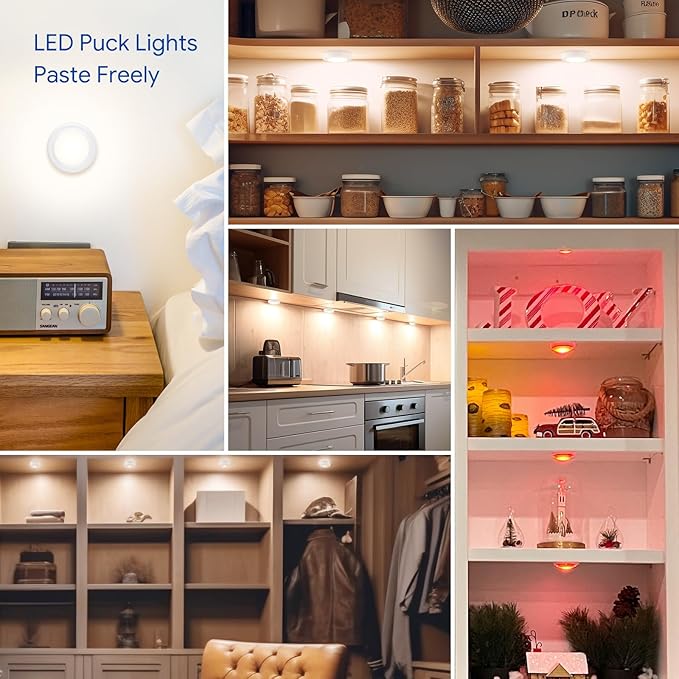 Yiliaw 3 Pack LED Puck Lights Remote Control 16 Color Changeable Under Cabinet Lights, Battery Operated Lights Night Light with Dimmer & Timmer for Closet Bedroom Kitchen, White