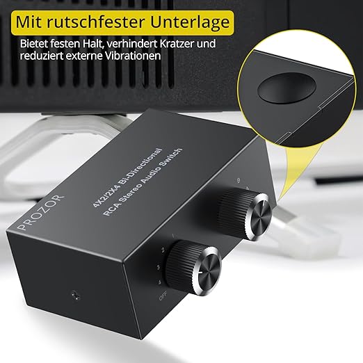 PROZOR 4-Way Stereo L/R Sound Channel Bi-Directional Audio Switcher, 2 in 4 Out or 4 in 2 Out Audio Switch Splitter with Off Button and No External Power Required for DVD Stereo Speaker CD Player