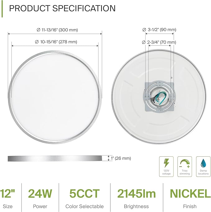 ASD LED 12" Round Flush Mount Ceiling Light Fixture, Low Profile Surface Lighting | 5CCT, Dimmable, Ultra-Thin, ETL Listed | 24W 1900LM 2700-6000K 120V | Kitchen, Bedroom, Hallway Lamp | Nickel