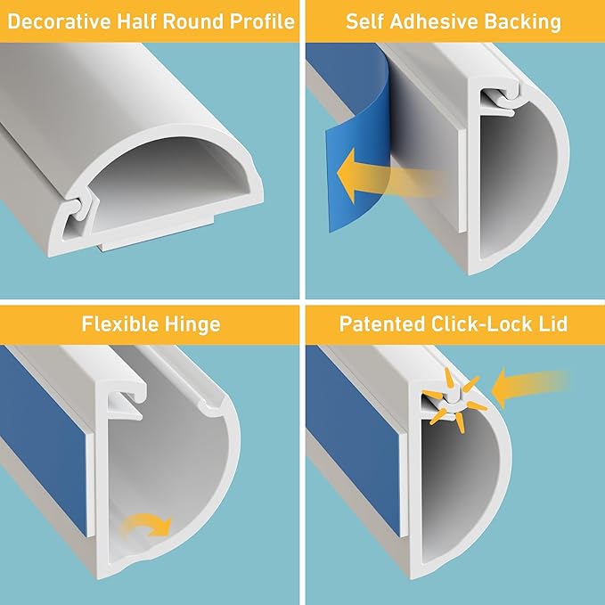 D-Line 31.4in TV Cord Hider, Patented Half Round Cable Cover, Hide Wall Mount TV Wires, Hinged One-Piece Cable Concealer, Adhesive, Decorative Raceway - 2X 0.78in W x 0.39in H x 15.7in L - White
