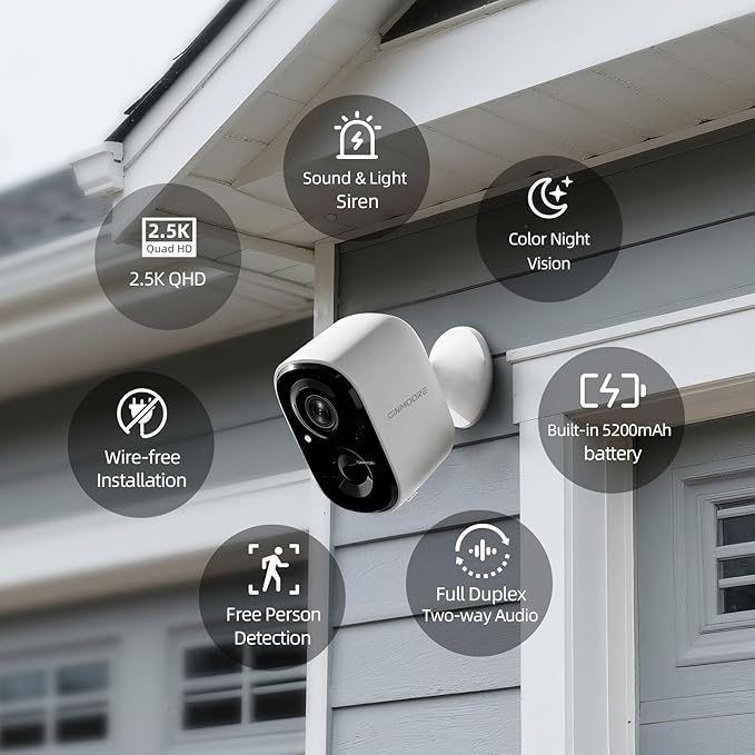 CINMOORE 2.5K Wireless Home Security Cameras Outdoor WiFi, Non-Subscription AI Person Detection, 4MP Color Night Vision, Full Duplex 2-Way Audio, IP66 Waterproof Battery Powered, U.S. AWS Cloud