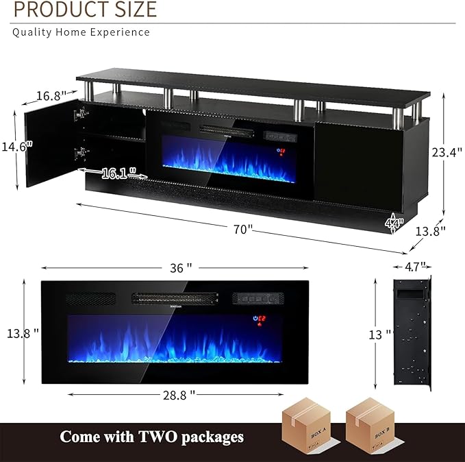 oneinmil 2 Tier TV Console Stand with 36" Electric Fireplace, LED Light Entertainment Center for TVs Up to 80" for The Living Room, 70", Black