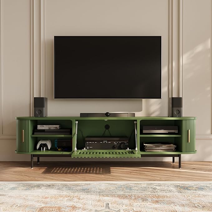 POVISON Fully-Assembled Modern Green TV Stand with Tambour Doors, Fluted TV Media Console for 65 Inch TVs, Sliding Door Entertainment Center with Storage for Living Room (Green, 70.87")