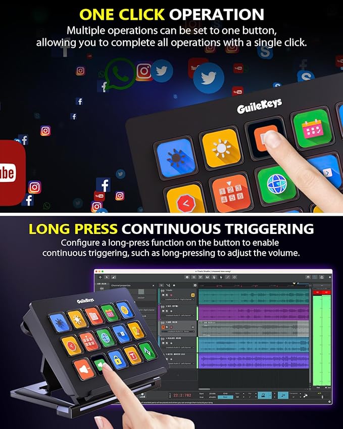 GuileKeys Stream Controller, Stream Deck with 15 Macro Keys Customizable, Gaming Macro Keypad with Trigger Actions in OBS/Twitch/YouTube/Streamlabs/Discord/Zoom, Compatible with Mac/PC, Foldable Stand