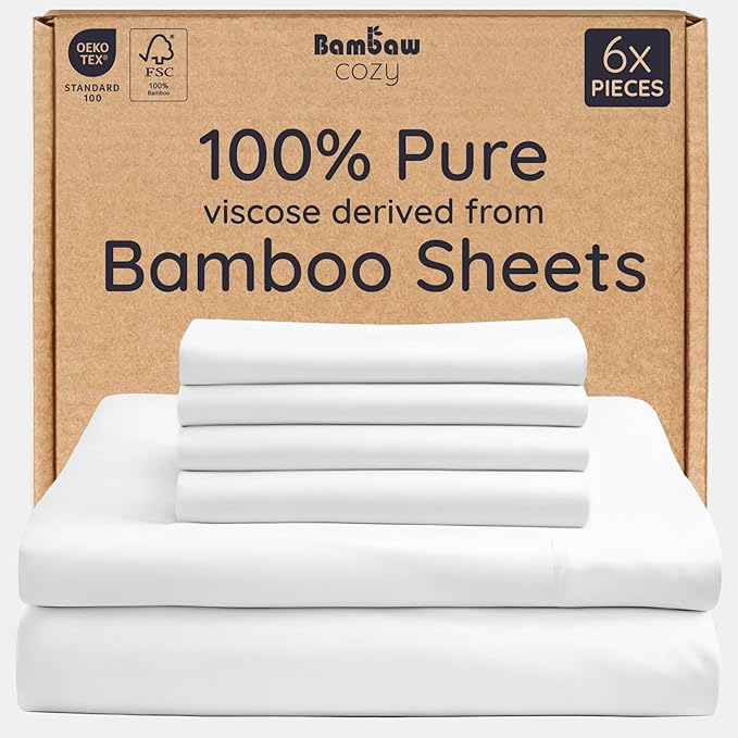 Bambaw 100% Viscose Derived from Bamboo Queen Size Sheet Set - 6pcs Cooling Sheets, Breathable, Super Soft, Fits Up to 16'' Mattress Depth, White