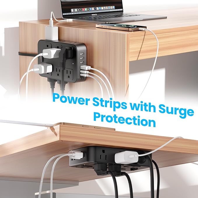 Solidock Flat Plug Power Strip Surge Protector with 12 AC Outlets 6 USB Ports 3 Side Multi Plug Outlet Extender 10 Ft Extension Cord for Home Office Kitchen Dorm Wall Desk Charging Station ETL Listed