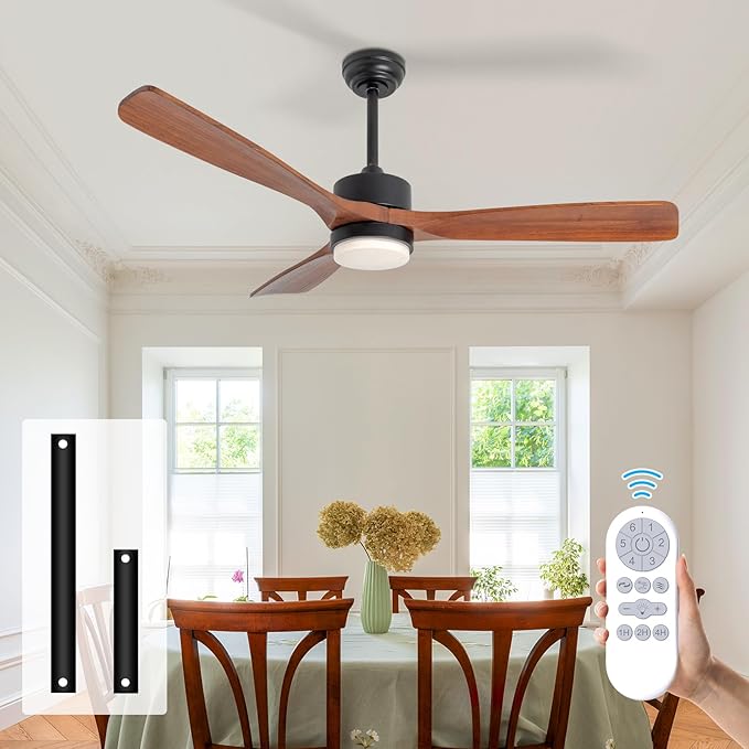 revoici 52 Inch Solid Wood Ceiling Fans With Lights, Low Profile Ceiling Fan with Light and Remote, Reversible DC Motor, Indoor Outdoor 3 Blade Ceiling Fan Light for Bedroom Living room Farmhouse