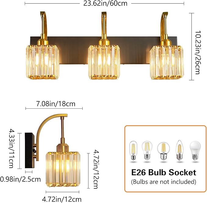 FDPBY Crystal Vanity Lights 3-Light Black Gold Bathroom Vanity Lights Modern Crystal Bathroom Light Fixtures Over Mirror 23.62" Long Vanity Light for Bathroom
