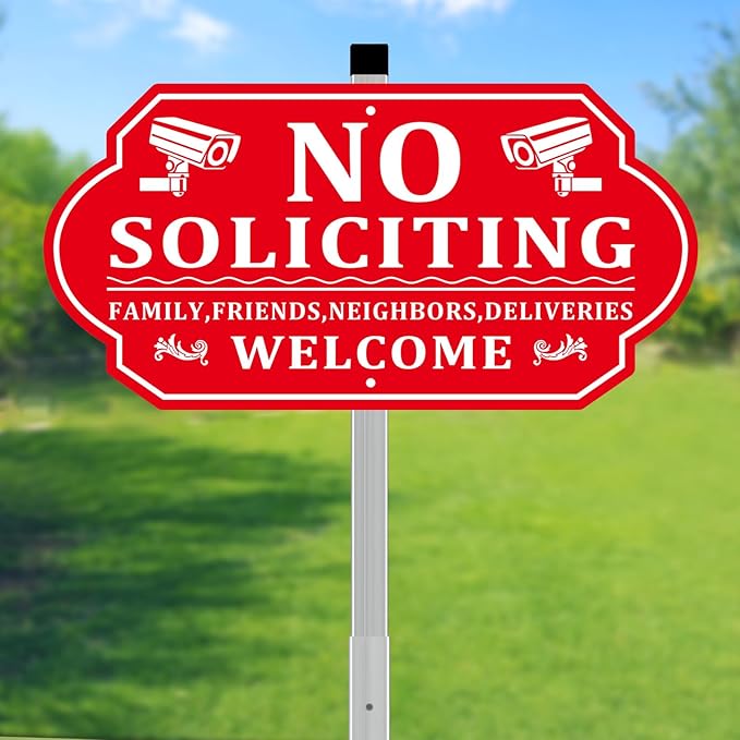 No Soliciting Sign for House, No Soliciting Signs for Front Door with Long Stake, Heavy Duty Aluminum Yard Signs UV Protected Weather Resistant and Easy Install for Lawns Garden (14x7 inches Red)