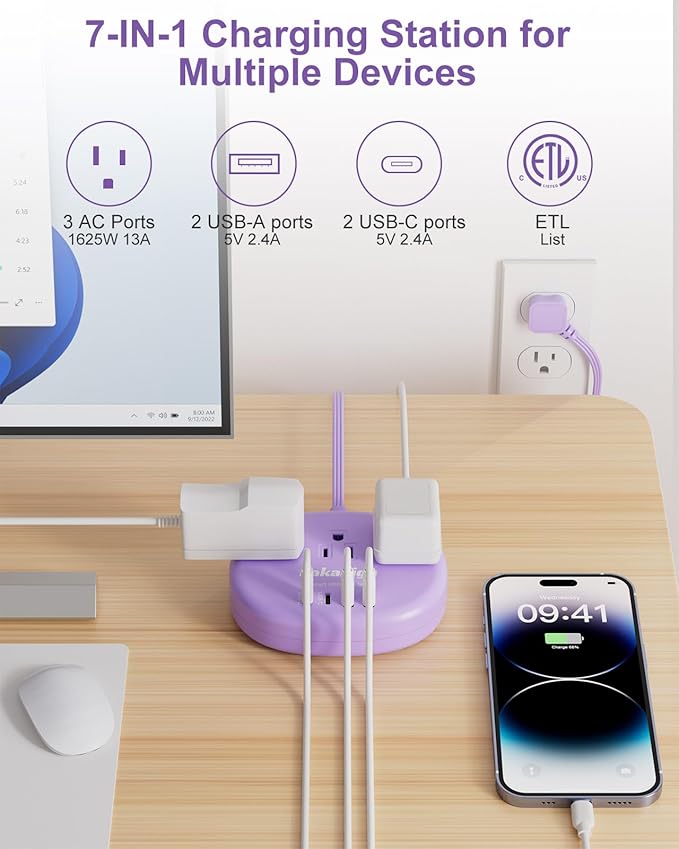 Purple Extension Cord with Surge Protected 1080J - 5 FT Flat Power Strip, 1625W Cute Extension Cord with 3 AC Outlet 4 USB (24W/4.8A), Compact for Cute Purple Kawaii Lavender Accessories
