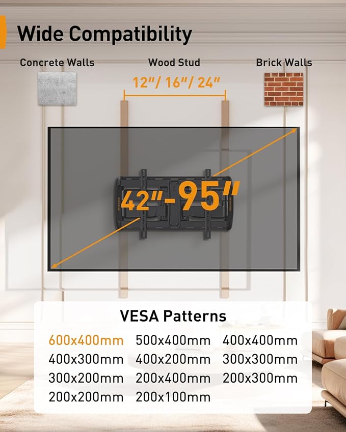 Perlegear Full Motion Sliding TV Wall Mount for 42-95 inch TVs up to 150 lbs with Cable Management, Fits 12″/16″/24″ Wood Studs, Swivel TV Mount Bracket, Tool-Free Tilt, Max VESA 600x400mm PGTVM41B
