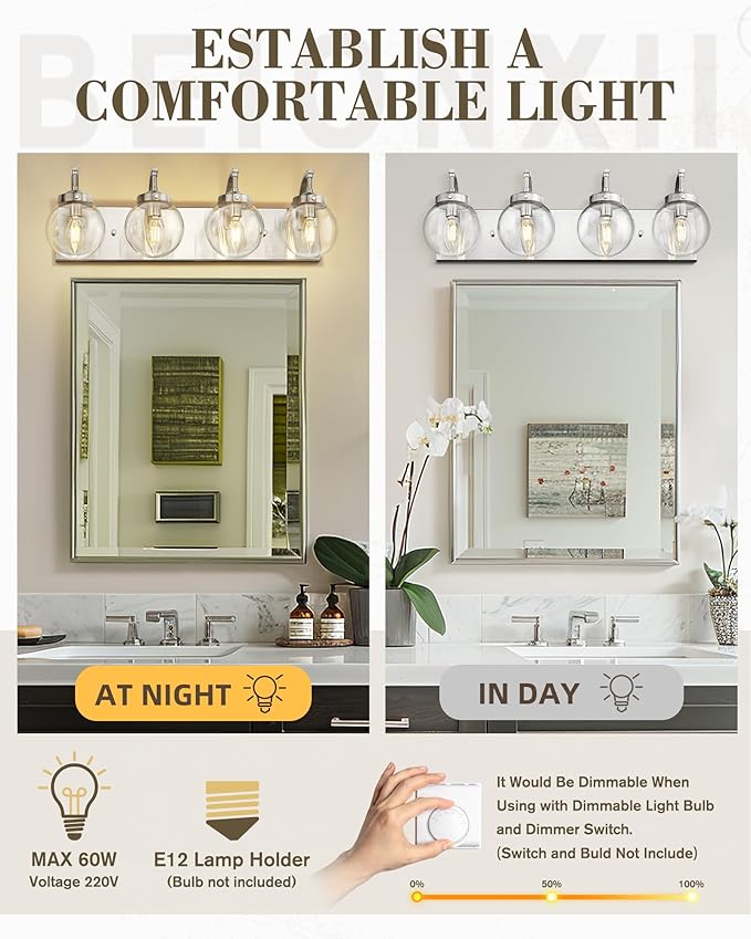 Beionxii 4-Light Bathroom Light Fixtures, Brushed Nickel Bathroom Vanity Light Over Mirror, Modern Vanity Lights with Clear Glass Shade for LivingRoom Hallway, BX-VL03BN-4CG
