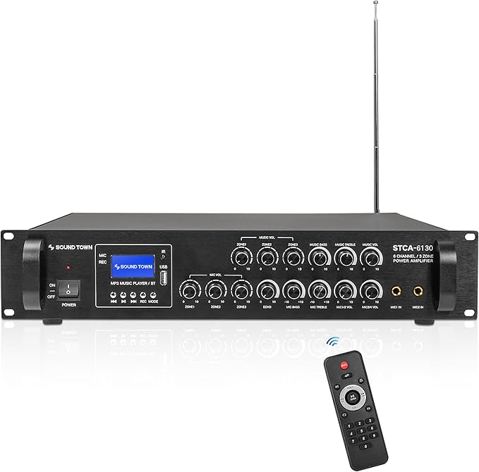Sound Town Commercial Sound System with a 3-Zone Low-Impedance Bluetooth Amplifier, 6 x 5 Coaxial Wall-Mount Speaker Set for Indoor Installation, Black (STCA6130X6CM5B)
