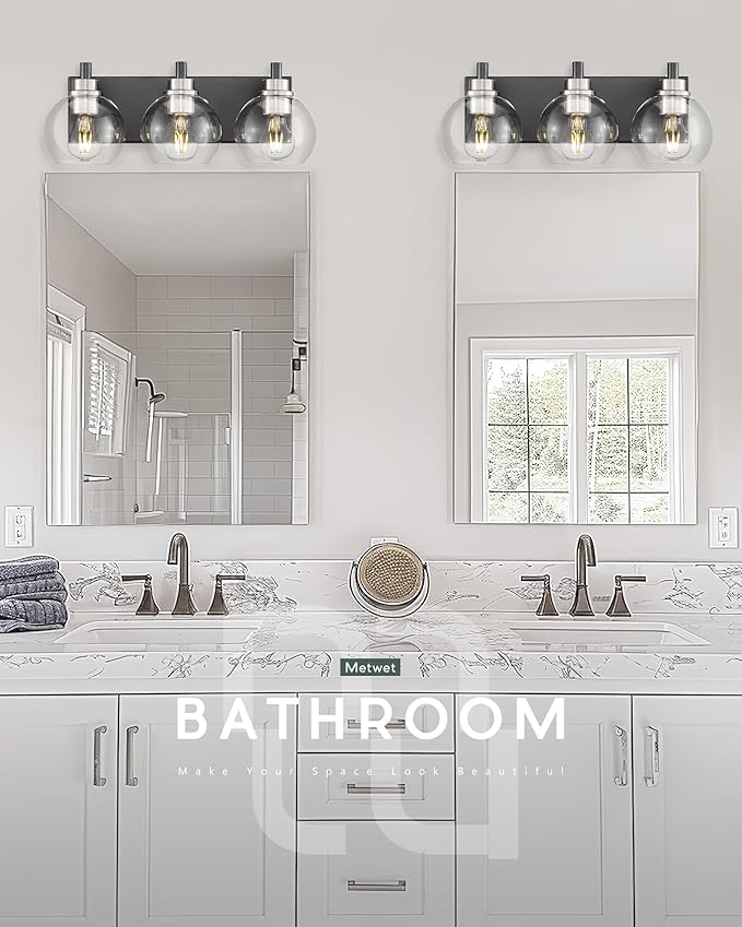 METWET Bathroom Light Fixtures, 3-Light Black and Brushed Nickel Bathroom Vanity Light, Modern Wall Sconces with Globe Clear Glass Shade, Vanity Lighting Fixtures Over Mirror, VL195-KN-3
