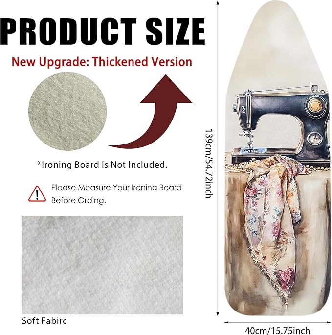 Nuxovilar Ironing Board Cover Needle Cotton 15x54 Inches | Ironing Board Cover and Pad Vintage Sewing Machine Floral Needle Cotton for Home, Laundry Room, Craft Nook
