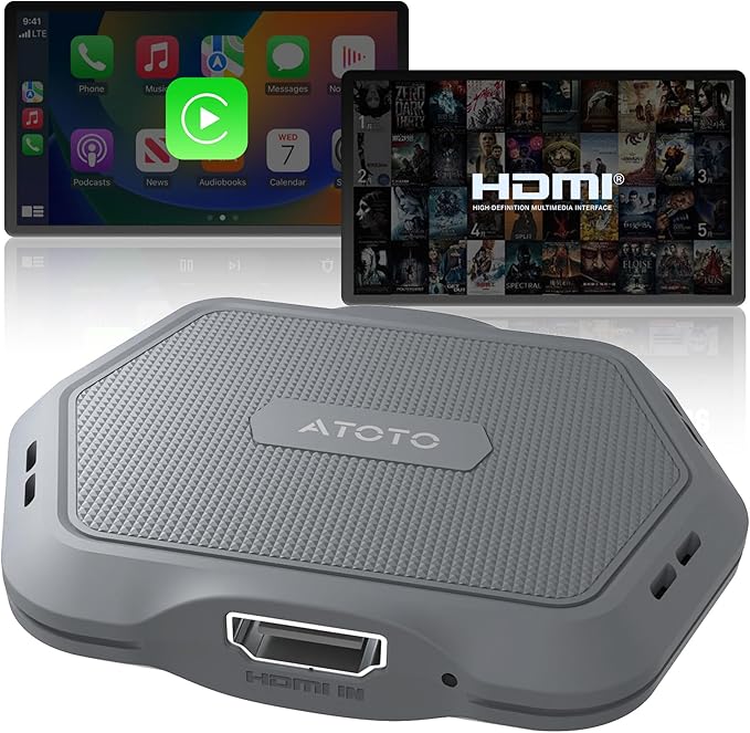 ATOTOMOVE Wireless Carplay Box Adapter with HDMI Input, 2 in 1 Dongle for Wired CarPlay Cars, Plug & Play Multimedia Hub for TV Box/Game Console/DVD/Blu-ray, Bluetooth 5.2, OTA Updates, AD Gray