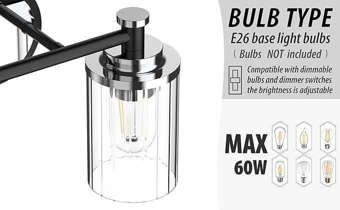 PHIXART Bathroom Lighting Fixtures Black and Chrome Bathroom Vanity Light with Cylindrical Clear Stripes Glass Lampshade E26 Socket Base Bathroom Lighting Fixtures Over Mirror (2 Lights)