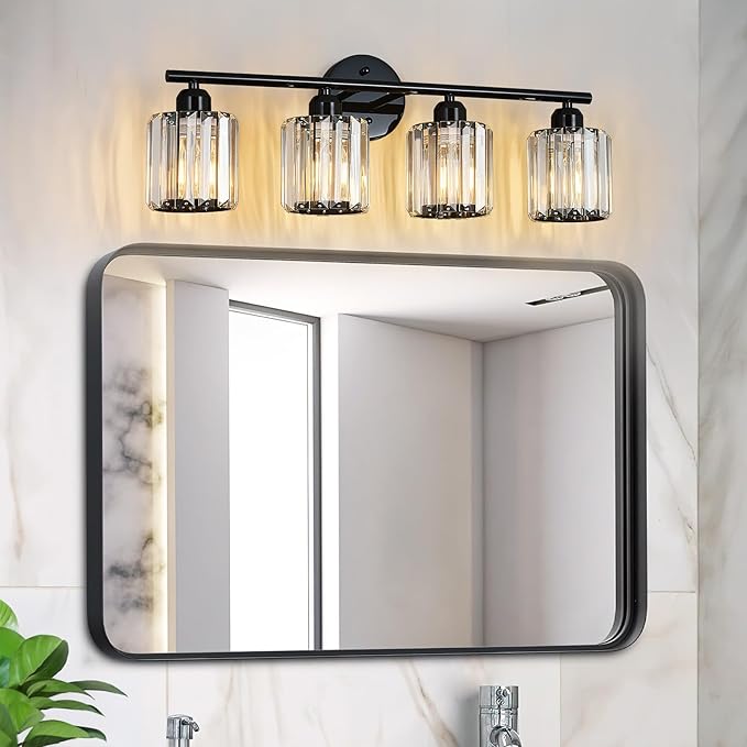FDPBY Modern 4 Light Crystal Vanity Light, Plating Black Vertical Bathroom Light Fixture Over Mirror for Dressing Table Sink, Compatible with Dimmable Bulbs (Bulbs Not Included)