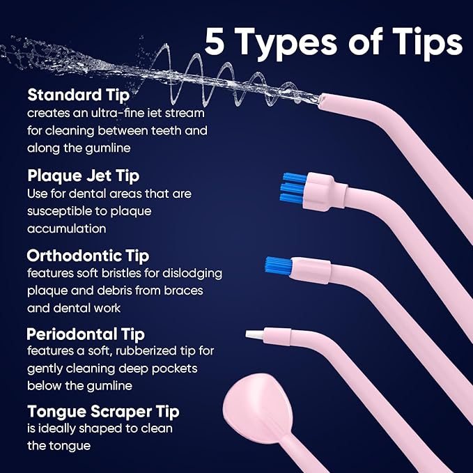 MySmile LP211 Cordless Water Flossers, Portable Rechargeable Oral Irrigator for Teeth Cleaning, 5 Cleaning Modes, IPX7 Waterproof, 8 Replacement Tips and a Storage Pouch (Juicy Pink)