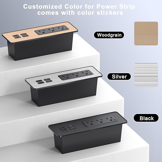 Drawer Outlet with PD 65W USB C, Recessed Power Strip with 3 Outlets 4 USB Ports, Recessed Outlet with 2M Flat Plug Cable for Side Table Sofa Table, Black