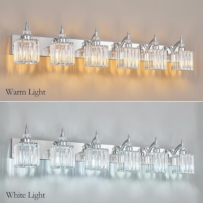 BBLLWJ 6 Light Bathroom Vanity Light Modern Chrome Vanity Light Fixtures Bathroom Light Fixtures Over Mirror Crystal Vanity Lighting Fixtures