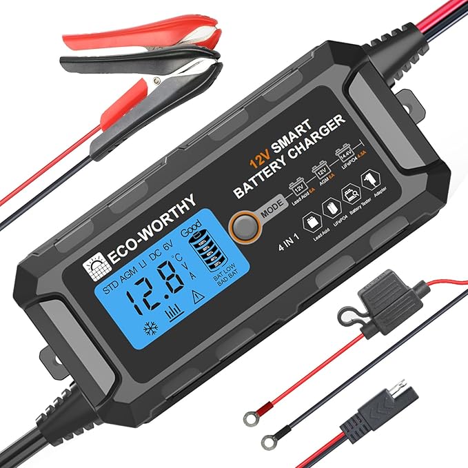 ECO-WORTHY 12V 5A Automatic Smart Battery Charger and Maintainer LCD Display for Lead Acid and Lithium (LiFePO4) Battery