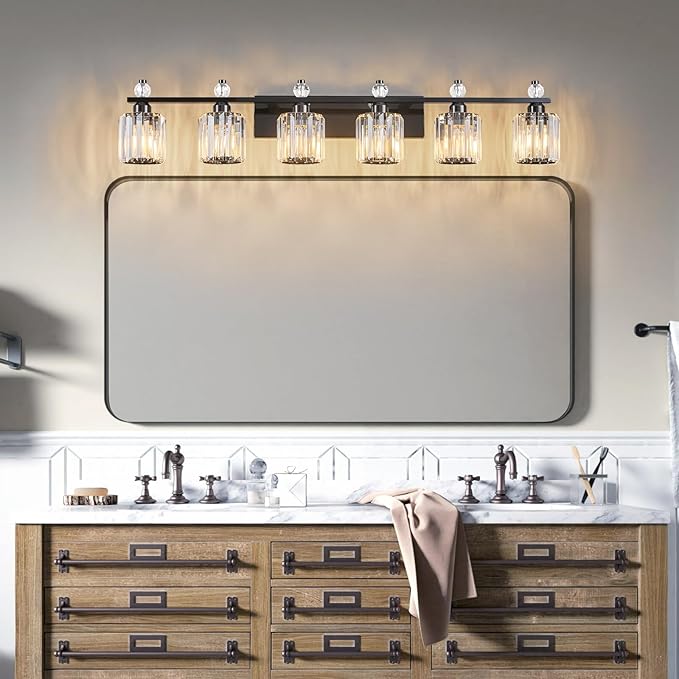FDPBY Bathroom Vanity Lights 6-Light Plating Black Modern Crystal Vanity Light Fixtures Over Mirror Crystal Bathroom Vanity Lighting Fixtures