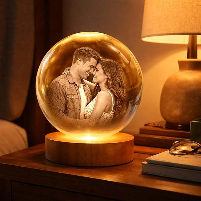 Herihues Personalized 3D Photo Crystal Ball, Custom Engraved Picture Lamp with Wood Base, Night Light for Family, Gifts for Husband Wife Valentines Day, Christmas, Personalized Gifts, Photo Led Light