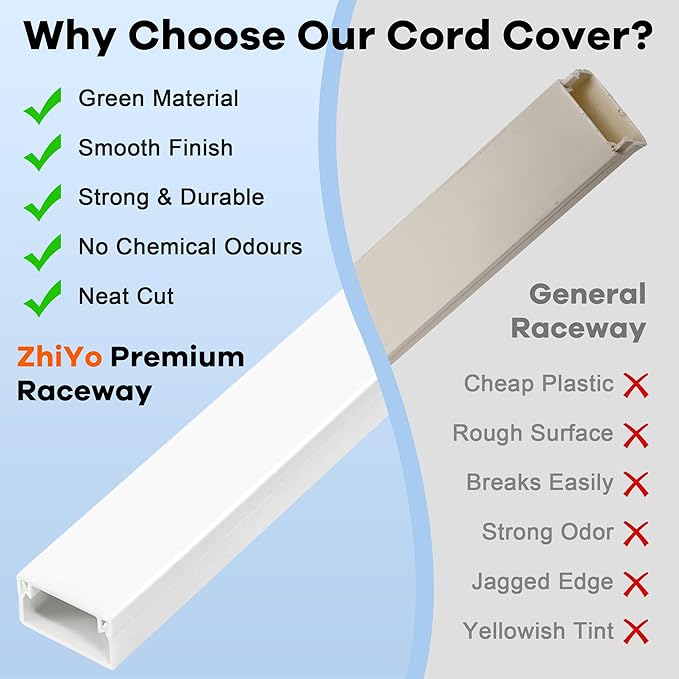 126in Cord Hider Kit, ZhiYo Cord Covers for Wall Mounted TV, Paintable Wire Cover for Cords, TV Cable Hider Wall Kit, Cable Cover Wire Management, White Cords Concealer, 8 x L15.7in W0.95in H0.55in