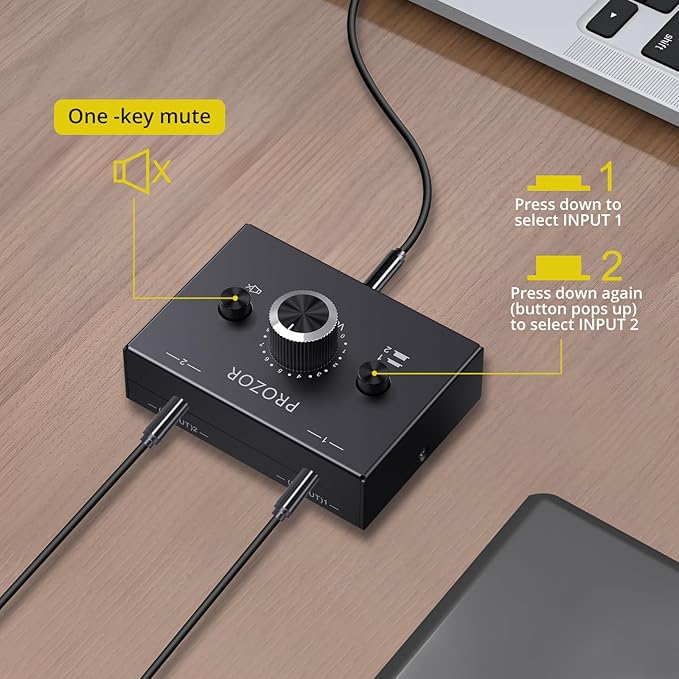 PROZOR 3.5mm Audio Bi-Directional Switcher - 2(1)-in-1(2)-Out 3.5mm Stereo Audio Switch Splitter 2 x 1/1 x 2, with Mute Button and No External Power Required