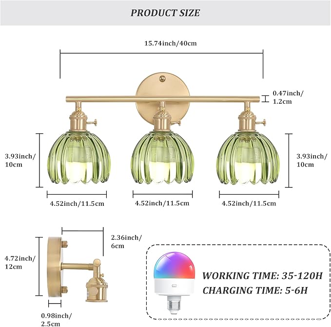 Shenmoyl Battery Operated Bathroom Light Fixtures, 3-Light Brass Vanity Wall Light with 5000mAh Rechargeable Bulb Over Mirror with Green Tulip Glass Shade for Bedroom Living Room