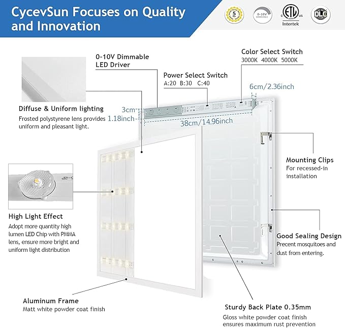 CycevSun 4-Pack 2x2 LED Flat Panel Light Drop Ceiling, 0-10V Dimmable, 40W, 4400LM, 3CCT 3000K/4000K/5000K Selectable, 100-277V, ETL Listed, 5-Year Service