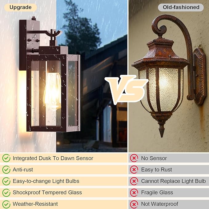 LTBLIGHT 2-Pack Dusk to Dawn Porch Light, Farmhouse Brown Outdoor Lights Wall Mount, Waterproof Anti-Rust Wall Sconces for House, Yard, Entryway, Garage, 100-120Vac