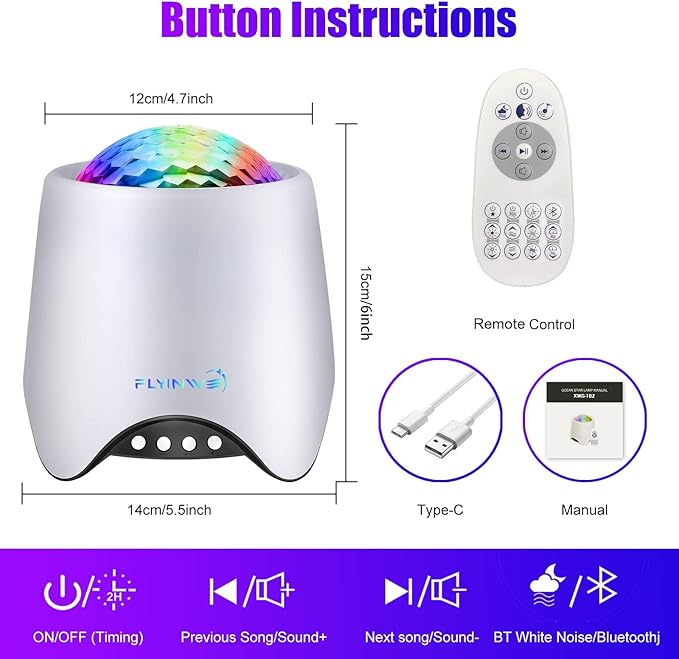 Flyinwe Hoom Decor Star Projector, Galaxy Projector for Bedroom, Night Lights for Kids, Ceiling Projector for Teen Girls, Night Light Projector for Bedroom, Music Speaker, White Noise Sound Machine