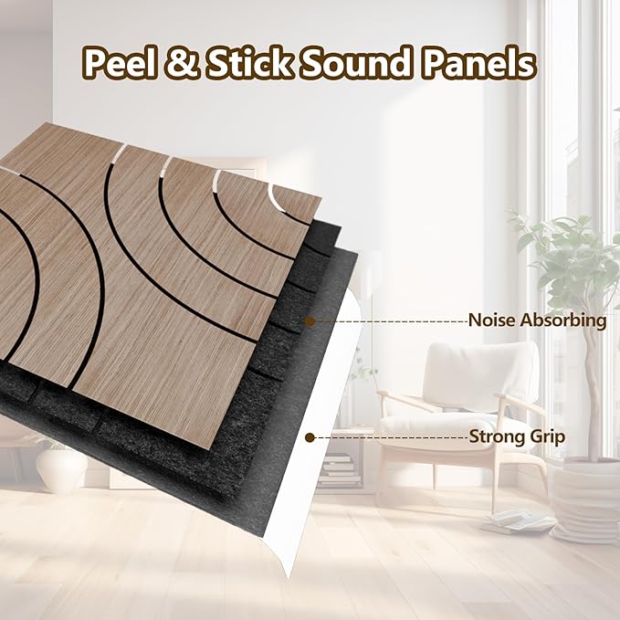 ARMURO 4 Packs Acoustic Wall Panels - Self-Adhesive 3D Wood Slat Wall Panel- Peel and Stick Sound Absorbing Panels for Noise Reducing - Feature Wall Decor for Home & Office