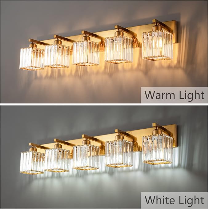 FDPBY Modern 5-Light Gold Brushed Brass Finish Crystal Wall Light for Bathroom Vanity