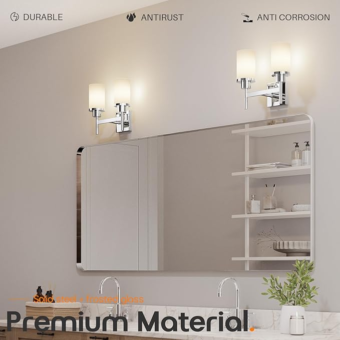 AONEON Vanity Lights Polished Chrome Bathroom Light Fixtures with White Frosted Glass Shade, Double Wall Sconces for Mirror Hallway Entrance Porch T001CH-L2