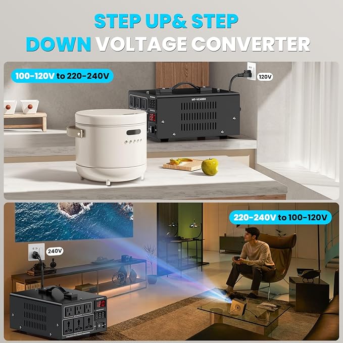 4000W Voltage Converter Transformer(110V to 220V or 220V to 110V) Step Up/Down Converter 110/120 Volt - 220/240 Volt w/US Power Cord,Circuit Breaker Protection, LCD Screen Display