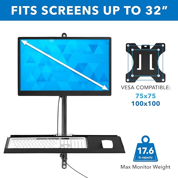 Mount-It! Wall Mount Workstation with Single Monitor Mount, Keyboard Tray and CPU Holder, Height Adjustable Full Motion Arms, Fits One 32 Inch Computer Screens