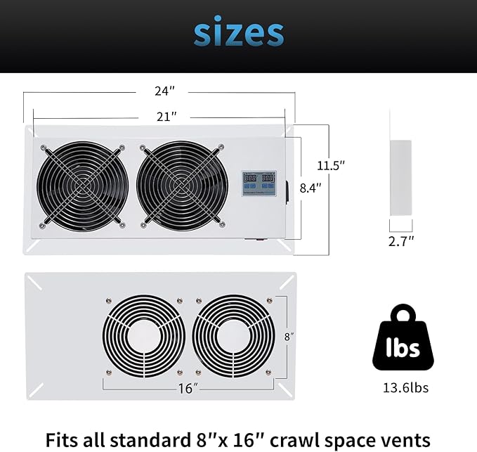 Pewoaoa 720 CFM Crawlspace Vent Fan, With Thermostat,Humidistat, Crawlspace Fans, For Moisture Reduction, Radon Mitigation, Freeze Protection, Ideal for Basement, Attic, Crawl Space Fan Vent(Air Out)