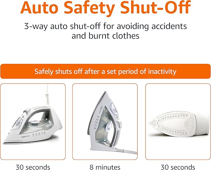 Amazon Basics Steam Iron for Clothes with Safety Auto Shut-Off, Handheld Steamer, Steel Soleplate, 1700-Watt, 1.62ft, Gray