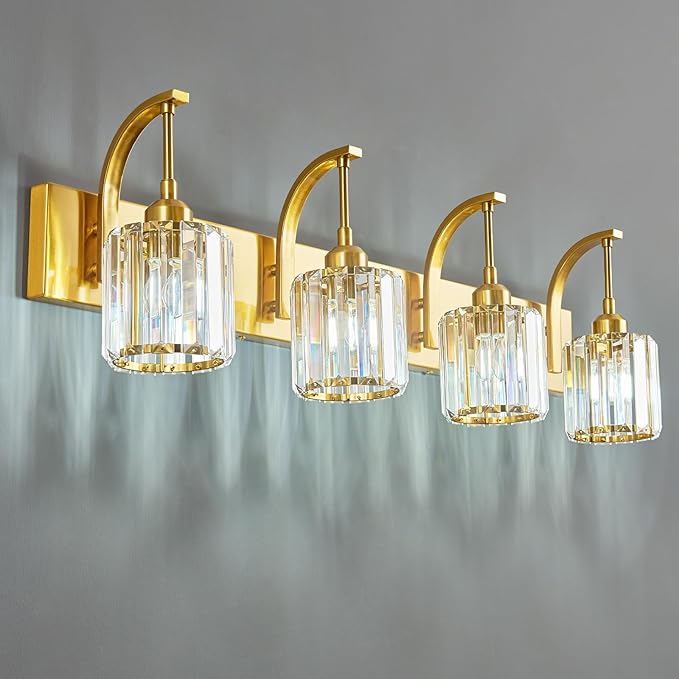 FDPBY 4-Light Crystal Vanity Light, Modern Gold Bathroom Wall Sconce with K9 Crystal Shades, 32.67" Long Over Mirror Lighting for Vanity, Makeup, Hallway, Elegant & Easy Install