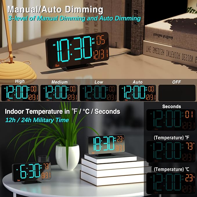 KOSUMOSU Alarm Clocks for Bedrooms, 6.7" Black Small Digital Clock LED, Desk Alarm Clock with Auto Dimming,Seconds, Day of Week, Indoor Temperature,Clocks for Living Room