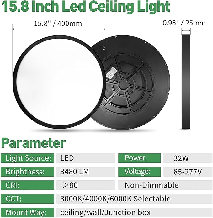 4PK 15.8 Inch Black LED Flush Mount Ceiling Light, 32W, 3480LM, 3000K/4000K/6000K CCT Selectable, Round Flat Panel Light Low Profile Ceiling Light Fitures for Hallway, Kitchen, Bedroom, Laundry Room